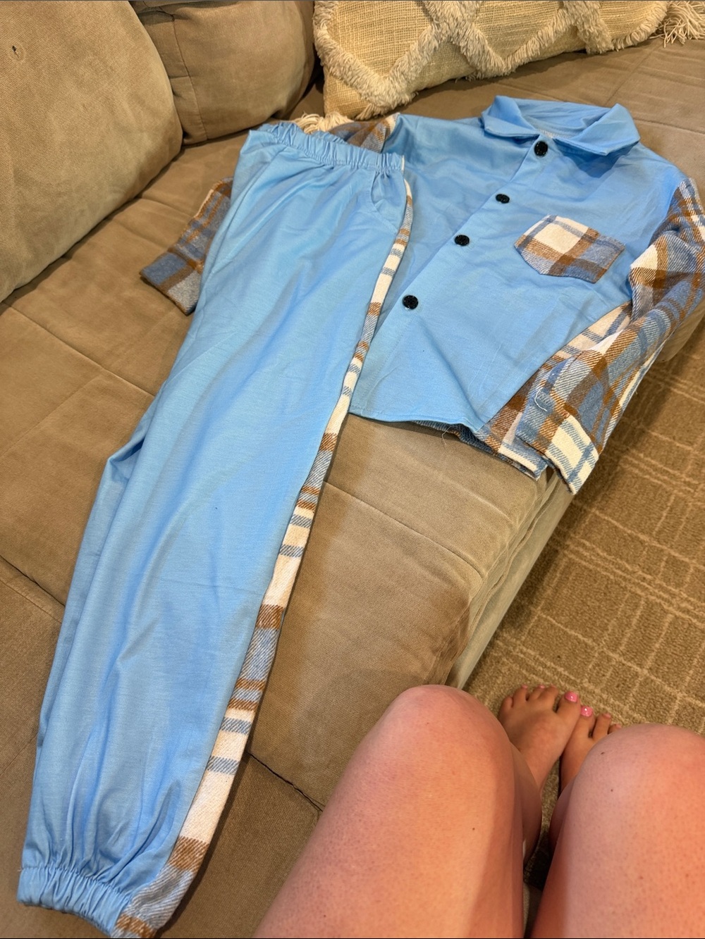 Light Blue Plaid-Trim Kids Pajama Set
